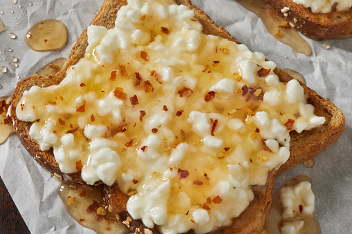 Trending  Cottage Cheese Toast with Hot Honey on Whole Grain Bread