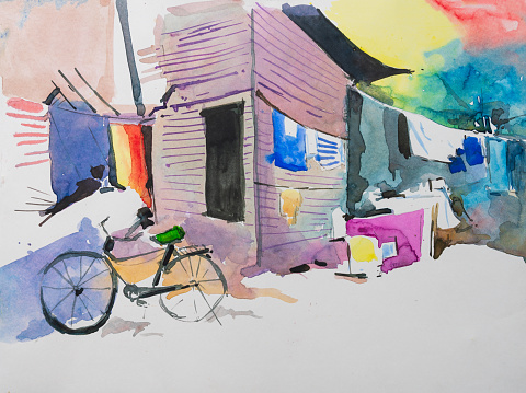 Watercolor painting of Indian slum. Hand painted illustration of urban landscape. Indian watercolor painting made with paints and brush. Indian watercolor of urban cityscape.