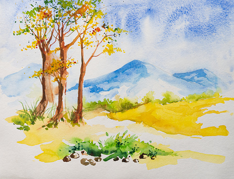 Watercolor painting of Indian mountains with green trees , yellow field in foreground. Indian watercolor painting made with paints and brush. Indian watercolor of hilly landscape.