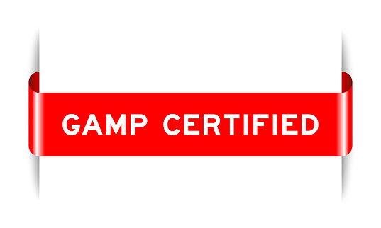 Red color inserted label banner with word GAMP (Abbreviation of Good Automated Manufacturing Practice) on white background