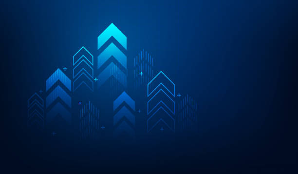 ilustrações de stock, clip art, desenhos animados e ícones de business arrow up growth technology on grid line dark blue background. graph stock market trading investment. chart trend profit income. vector illustration fantastic hi-tech design. - crescimento