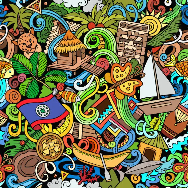 Vector illustration of Cartoon doodles Belize seamless pattern