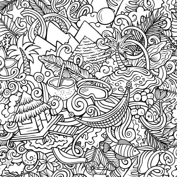Vector illustration of Cartoon doodles Bora-Bora island seamless pattern
