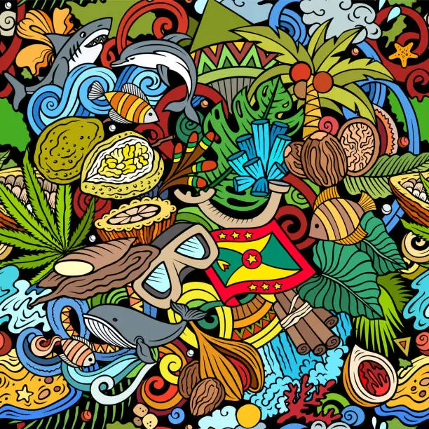 Vector illustration of Cartoon doodles Grenada seamless pattern