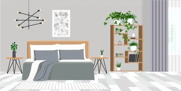 Vector illustration of Striped carpet near bed with blanket in bedroom interior with poster and plants.