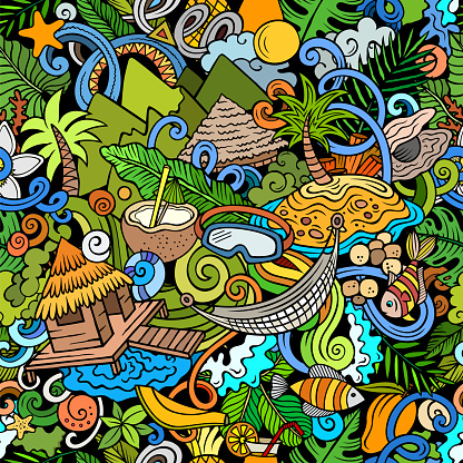 Cartoon doodles Bora-Bora island seamless pattern. Backdrop with French Polynesia symbols and items. Colorful background for fabric, greeting cards, wallpaper