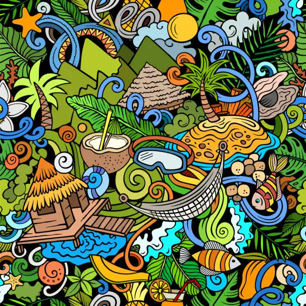 Vector illustration of Cartoon doodles Bora-Bora island seamless pattern