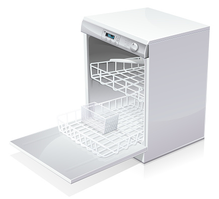 Open and empty dishwasher isolated on a white background