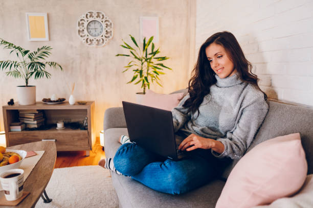 istock A young woman using laptop at home 2023014364