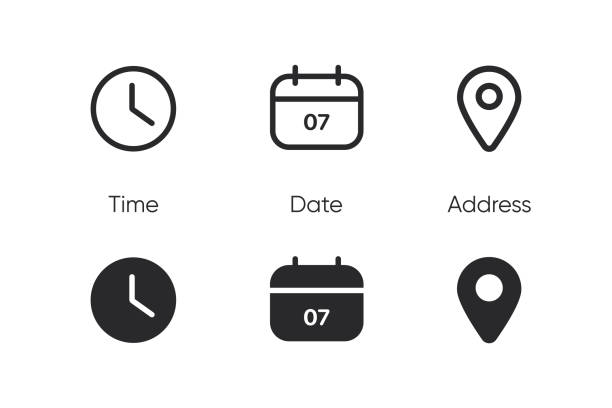 ilustraciones, imágenes clip art, dibujos animados e iconos de stock de datos de tiempo e iconos de línea de reloj. icono de reloj en estilo plano y lineal de moda aislado sobre fondo blanco. iconos de fecha, hora, era, duración, período, intervalo, hora, minuto, reloj, temporizador, cronometrador - campo
