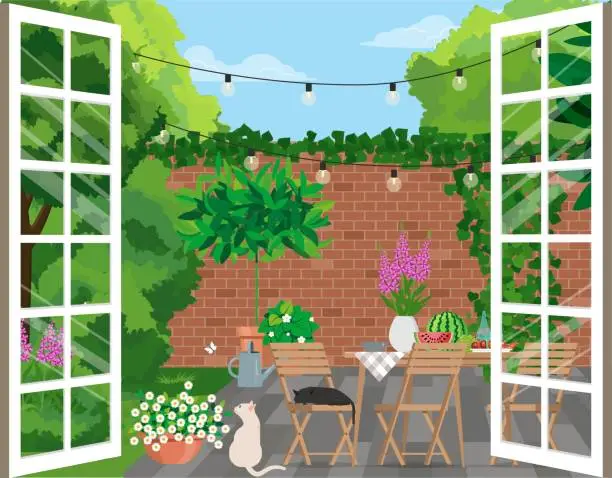 Vector illustration of Table with wooden chairs in bright green garden of house