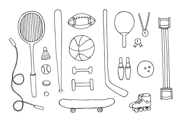 Vector illustration of Sport Equipment vector doodle set. Balls, rackets, stick, rollers and skate, jump rope, dumbbells isolated on white background. Hand drawn drawings with black pen on the theme of sport competitions.