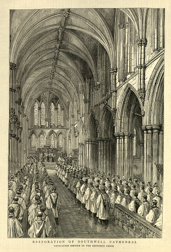 Vintage illustration Restoration of Southwell Cathedral, Service in the Choir, 1880s, Victorian 19th Century