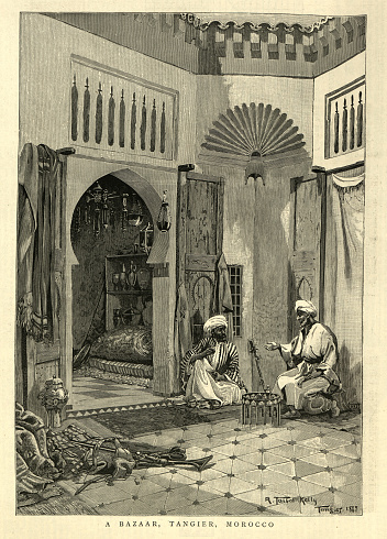 Vintage illustration Scene in a Bazaar, Tangier, Morocco, Moroccan History, 1880s, Victorian 19th Century