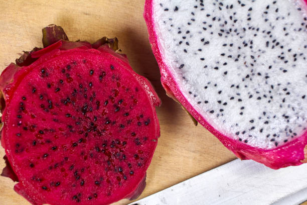 istock Red dragon fruit Set with appetizing serving on green background. Top view 2023030289