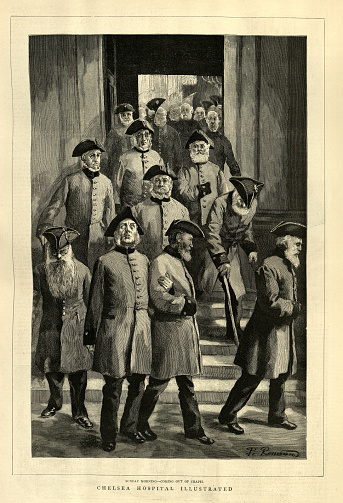 Vintage illustration Sunday morning, Chelsea pensioners coming of chapel, Royal Hospital Chelsea, London, 1880s, Victorian 19th Century. An Old Soldiers' retirement home and nursing home
