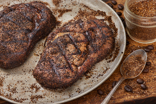 Coffee Dry Rubbed Boneless Rib Eye Steaks with coffee, paprika, garlic and onion powder, salt, pepper and cumin