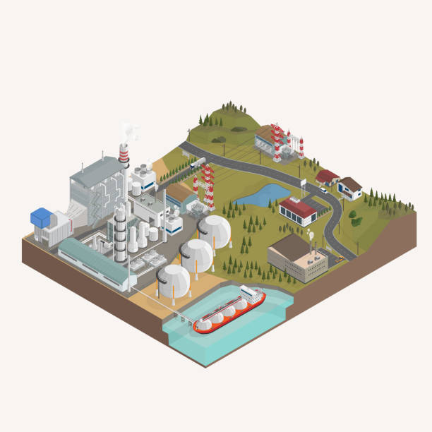 illustrations, cliparts, dessins animés et icônes de centrale électrique à cycle combiné de gaz, l’énergie du gaz naturel, usine de séparation du gaz naturel avec graphique isométrique - isometric natural gas tanker shipping