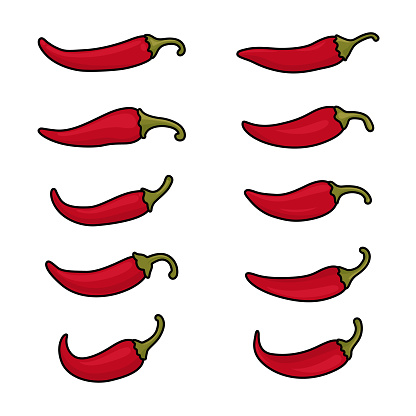 Flat Vector Design Template of Whole Fresh Hot Chili Pepper Icon Set Closeup Isolated. Spicy Chili Pepper in Front View. Vector Chili Pepper Illustration for Culinary, Cooking, and Spicy Food Concept.