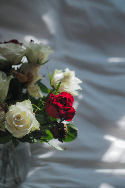 A flower-filled vase on bed with pillow
