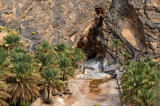 Spring from deep of a cliff in oasis on the way through Wadi Bani Awf—one of Oman’s most picturesque valley.