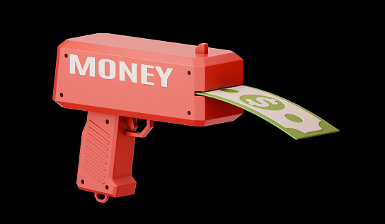Red money gun with a dollar bill. Modern 3d render illustration isolated on black background