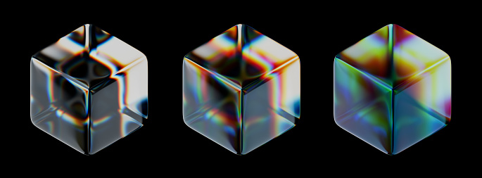 Set of cubes with different types of dispersion. Modern 3d render illustration isolated on black background