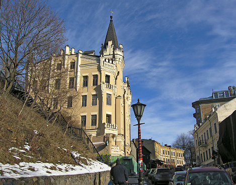 Kiev, Ukraine. February 04, 2008 Historical street of Kyiv Andreevsky Descent, view of Richard's castle - Lionheart