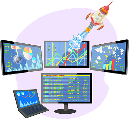 Stock market number on screen display. Technology rocket start up concept