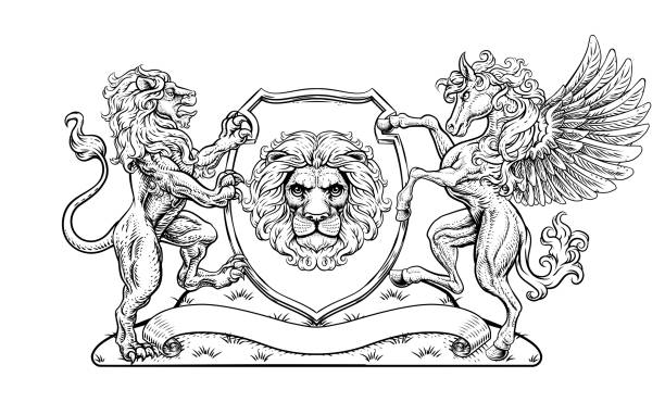 coat of arms pegasus lion crest shield family seal - mythology horse pegasus black and white stock illustrations