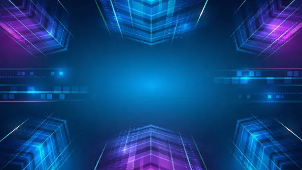 Vector illustration of Modern technological design. Abstract high-tech background with arrows and glowing lines. Vector illustration for a banner or presentation on the theme of technology, science, and medicine.