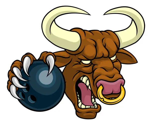 Vector illustration of Bull Minotaur Longhorn Cow Bowling Mascot Cartoon