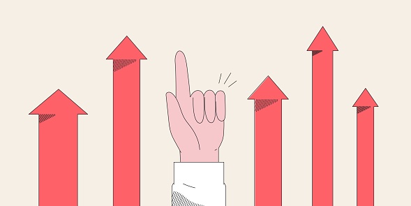 Hand point direction with finger. Arrows growth or rising up to destination. Concept of progress, future investment, business leadership and different ways and strategies. Financial and economic grow