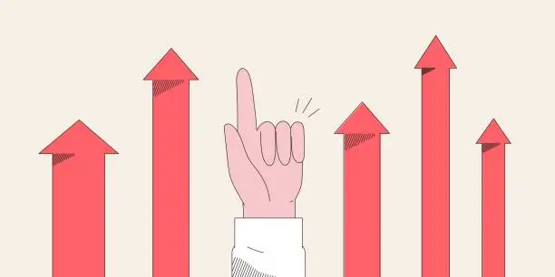 Vector illustration of Hand point direction with finger. Arrows growth or rising up to destination. Concept of progress, future investment, business leadership and different ways and strategies. Financial and economic grow