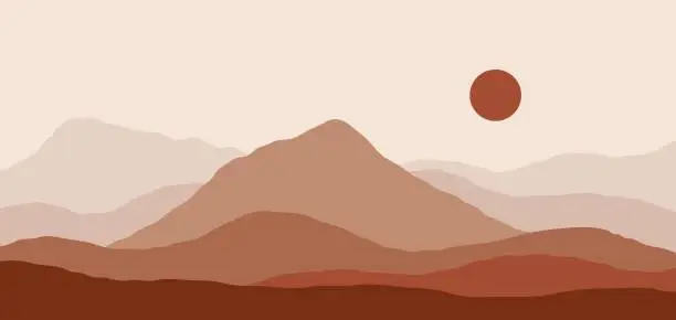 Vector illustration of Abstract mountain landscape. Nature panorama background, sunset desert oriental scenery horizon wallpaper. Vector illustration
