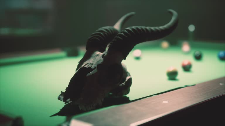 An animal skull is on a pool table