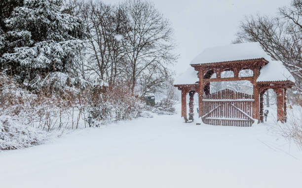 A beautiful Romanian style gate stands serenely amidst a tranquil snowy forest, surrounded by tall trees and a blanket of white snow.