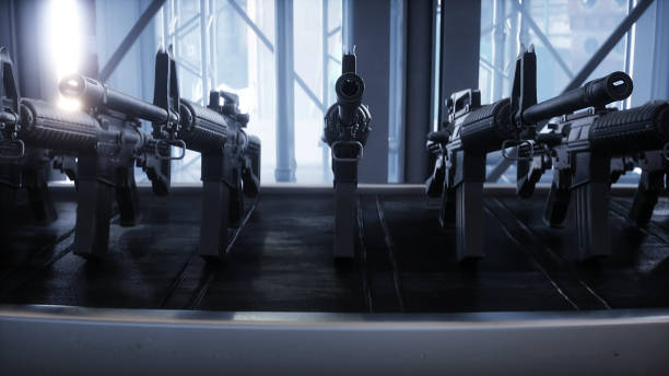 istock American military machine gun M 16 production line. Factory process. War concept. 3d rendering. 2023190148