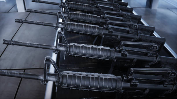 línea de producción de ametralladoras militares estadounidenses m 16. proceso de fábrica. concepto de guerra. renderizado 3d. - m16 fotografías e imágenes de stock