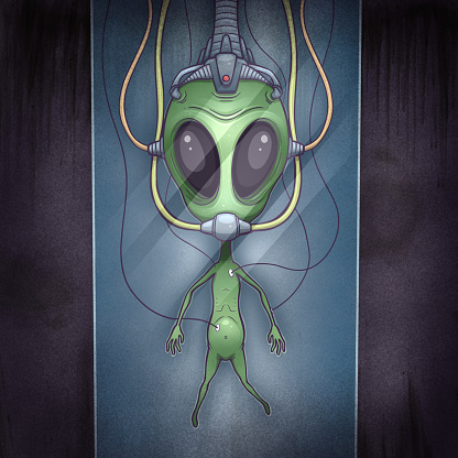 Captured alien floating in a a test tube vat with wires attached and breath device