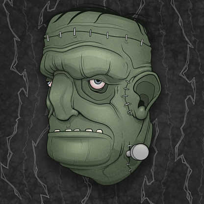 The head of Frankenstien's Monster with green skin and lightning bolts on a green background cartoon illustration