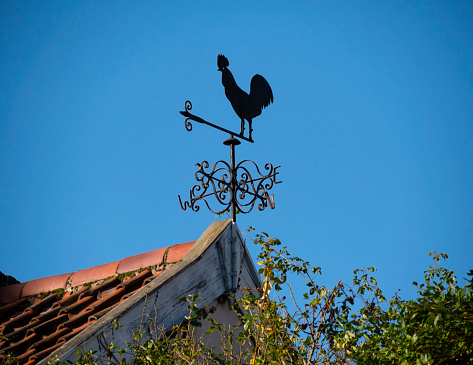 A weather vane with a flying eagle on a cupola with a blue and cloudy sky for a background.