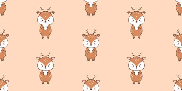 Vector illustration of Seamless pattern with cute deer . Cute animals in kawaii style. Drawings for children.