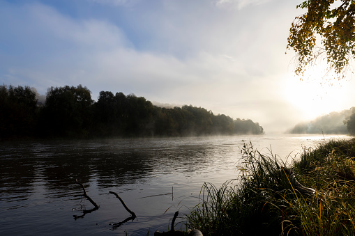 A little fog on the river in autumn, the river and fog along the autumn forest in the early morning