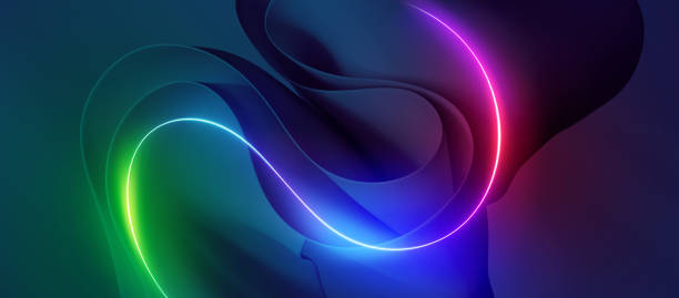 istock 3d render. Abstract background of curvy line glowing in the dark and folded paper. Fluorescent neon wallpaper 2023254325