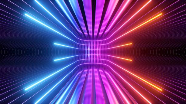 3d render. Abstract colorful neon background. Rounded lines, glowing with red pink blue light, backdrop of metal strips. Ultraviolet spectrum. Cyber space