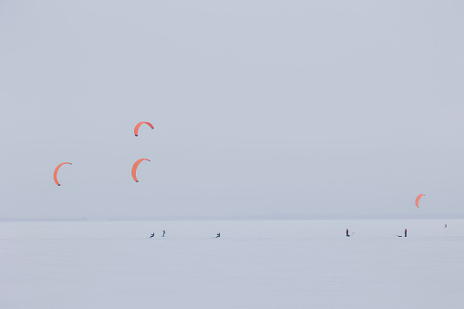 January 28, 2024, Russia, St. Petersburg, people ride snowkites on the ice of the Gulf of Finland