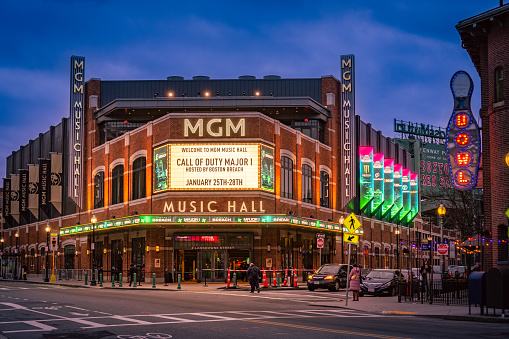Boston, MA, US - January 15, 2024: View of the newly opened MGM Music Hall on Landsdowne Street next  Fenway Park Stadium in the evening in Boston's entertainment district.