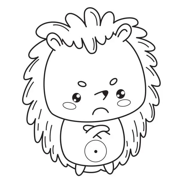 Vector illustration of Disgruntled angry hedgehog. Vector illustration. Funny outline emotional animal character. . Line drawing, coloring book. Kids collection.