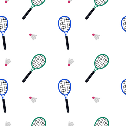 Badminton background repeating pattern with racket and shuttlecock hand drawn flat vector illustration for textile ,print, paper, card ,wrapping, banner. Game with rackets, badminton player, sports equipment.
